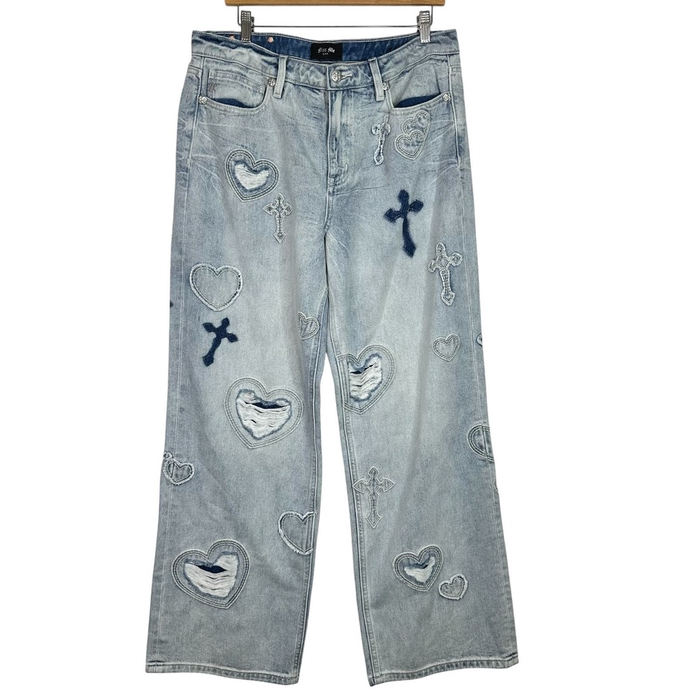 Miss Me Aryanna Mid Rise Slim Wide Leg Jeans Hearts Cross Distressed Women's 32